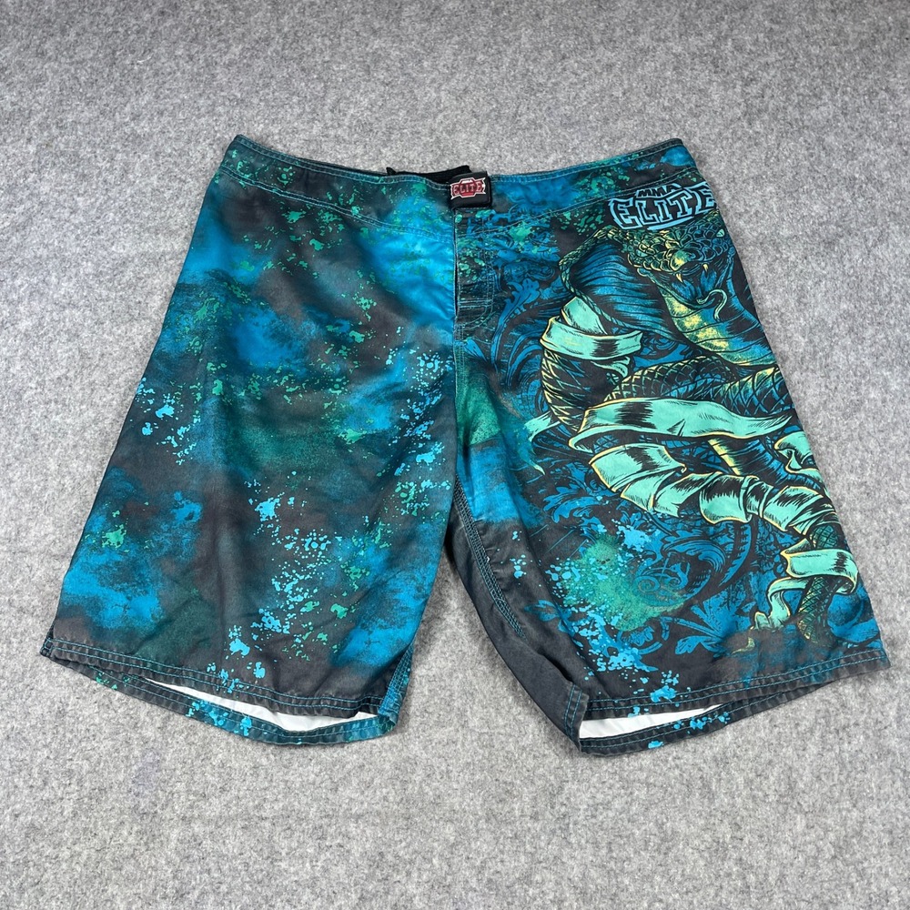 MMA Elite Mens XL Board Shorts Blue Teal Cobra Snake Graphic Swim Trunks